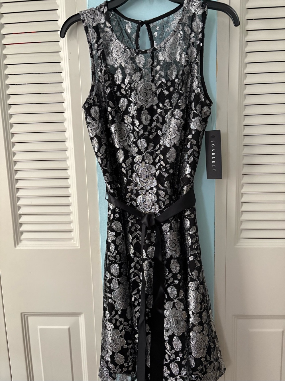 NWT Scarlett silver & black dress with sheer bodice & ribbon belt.